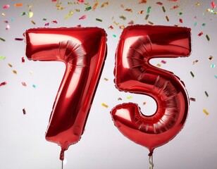 Red balloon number 75 for seventy-fifth birthday or anniversary party. White background with confetti