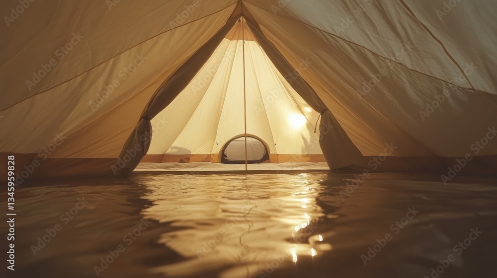 Poster inside view of a bell tent partially submerged in calm water, illuminated from within.