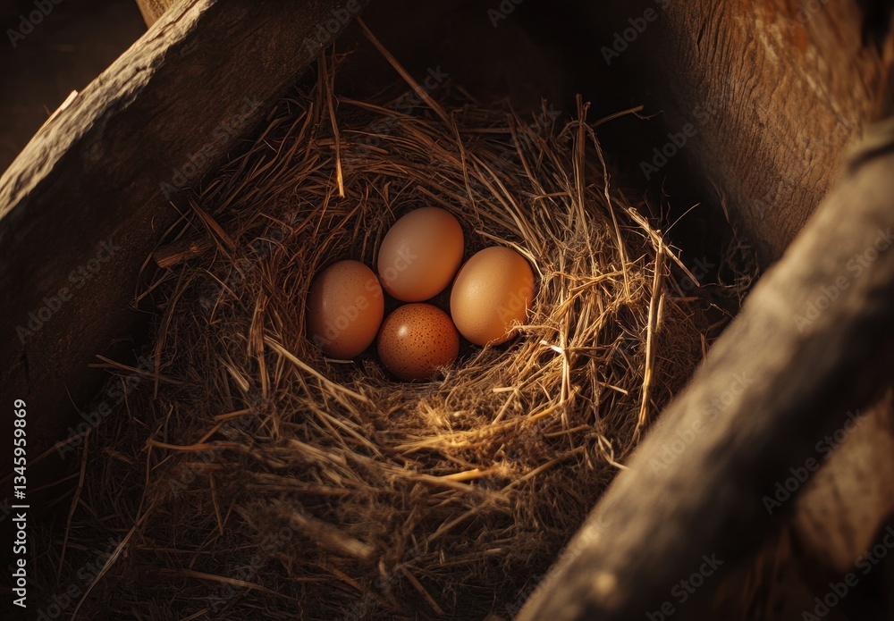 Poster natural bird nest containing fresh brown eggs surrounded by dry straw in a rustic setting captured i