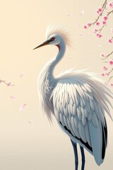 Elegant crane amidst cherry blossoms against a soft background