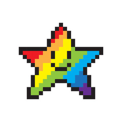 Fototapeta premium Pixel rainbow star. Cute happy face. Vector colorful icon. Retro funky shape.