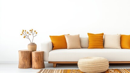 A cozy living room featuring a white sofa with orange cushions, wooden stools, a woven rug, and a minimalist aesthetic.
