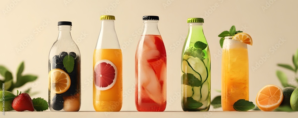 Poster refreshing summer drinks with fresh fruits and vegetables displayed on table
