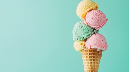 53. A whimsical tower of multi-colored ice cream scoops on a waffle cone with a pastel mint background