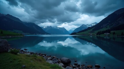 Naklejka premium Lake Bachalpsee in Switzerland at night under a cloudy sky, viewed from above. A dimly lit lake nestled among shadowy mountains, with thick clouds veiling the stars.