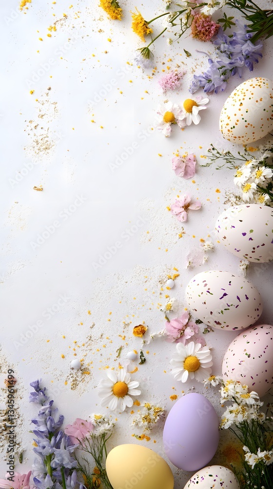 Poster Easter eggs and spring flowers creating a frame on white background