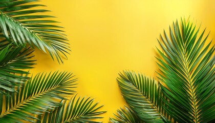 Fototapeta premium green palm fond on yellow tropical background