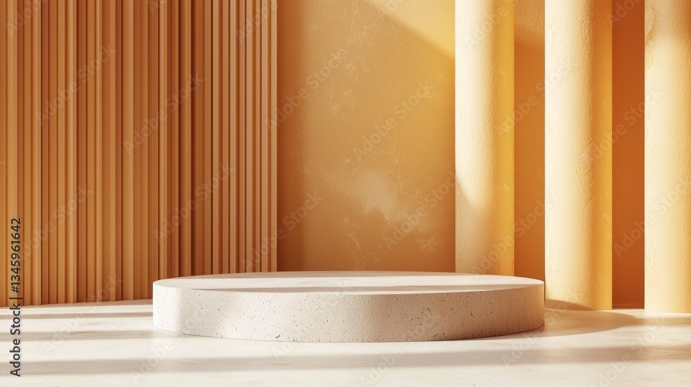 Poster sunlight spills into a serene interior space, highlighting a smooth circular platform on a polished 
