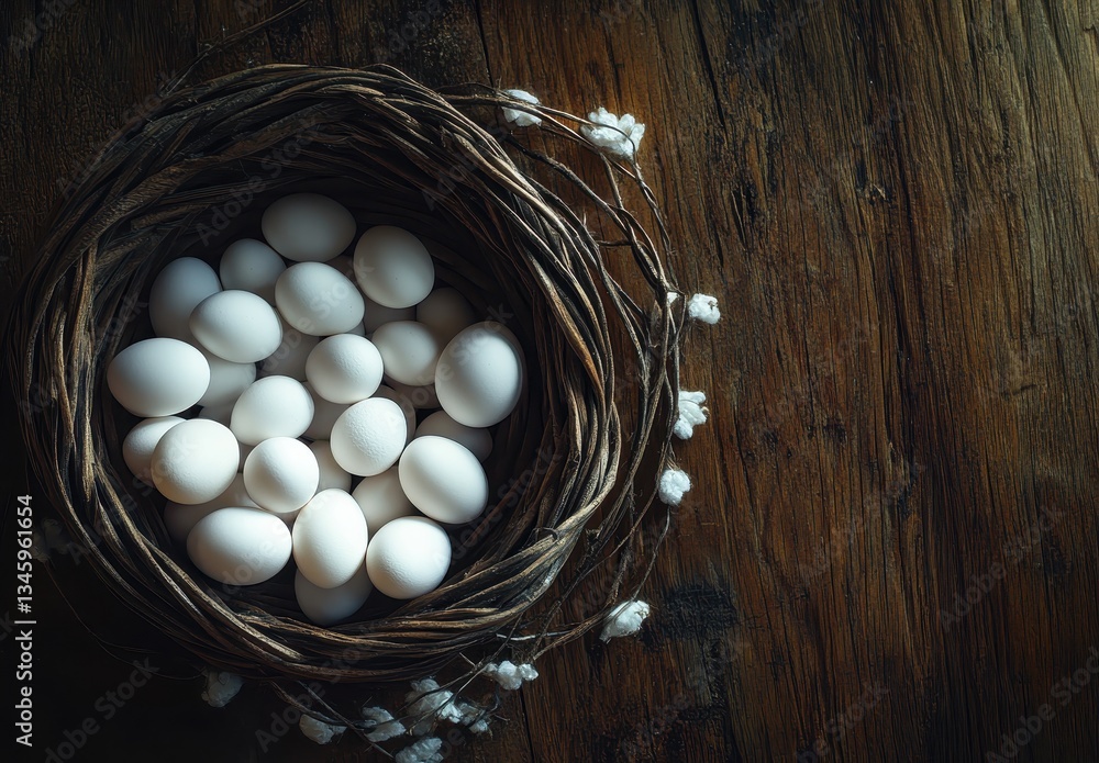 Aufkleber nest of white eggs surrounded by delicate twigs on rustic wooden table in soft natural light for cre