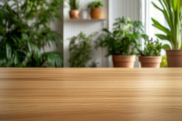 empty wooden table with blurred green indoor plants in background