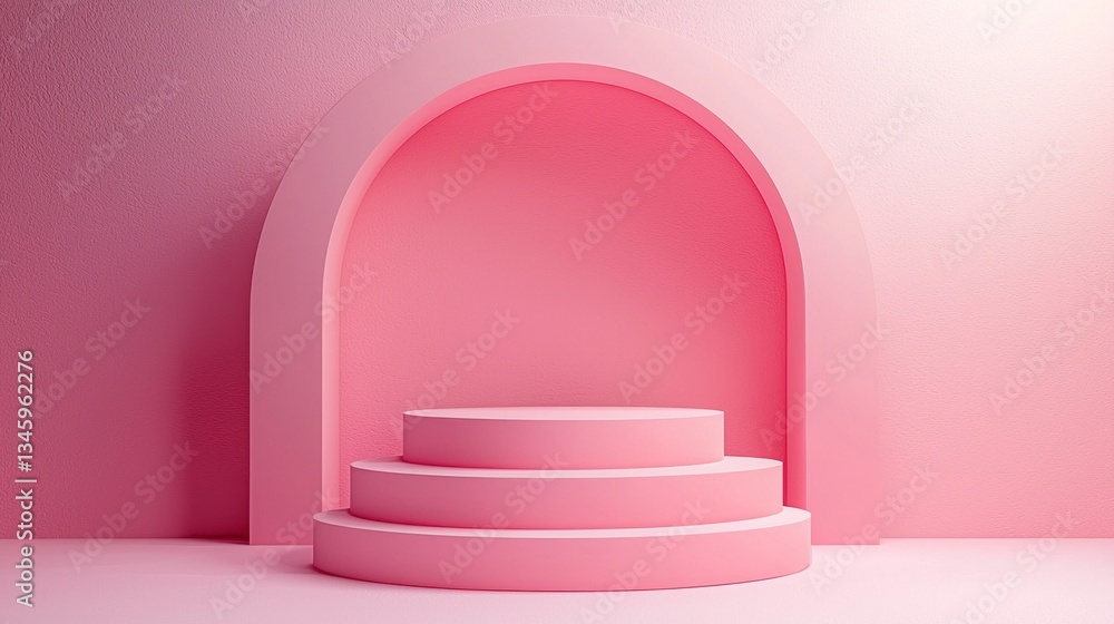 Poster Soft pink hues create a serene backdrop featuring layered circular platforms nestled under an elegant arch. Ideal for showcasing artistic installations or event arrangements