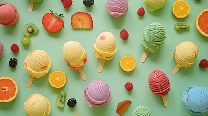 65. A colorful array of gelato scoops displayed on a pastel green surface with fruit accents