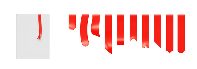 3d mockup of blank paper books with white cover and red ribbon bookmark set. Render realistic template of closed textbook, diary or dictionary with empty hardback and silk fabric tags