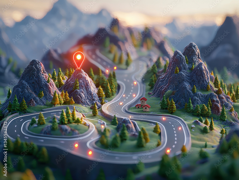 Poster futuristic highway merging with detailed terrain and glowing navigation markers in soft light