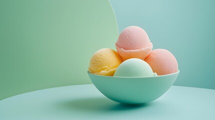 68. A minimalist display of fruit sorbet scoops in a pastel mint green bowl