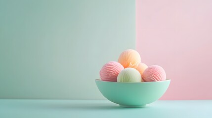 68. A minimalist display of fruit sorbet scoops in a pastel mint green bowl