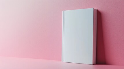 A white book standing upright on a powder pink background, with two smaller books placed behind it, creating a minimalistic and elegant design perfect for creative or editorial use.