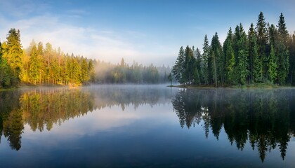 tranquil lake reflecting misty trees in serene forest landscape during early morning hours