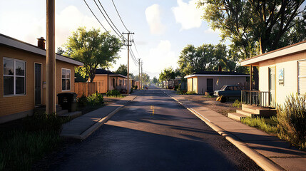 Naklejka premium Quiet Suburban Street Lined With Bungalow Houses under a Bright Blue Sky with Trees and Powerlines