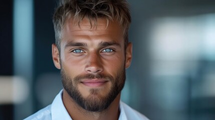 Naklejka premium Close-up portrait of a man with light blonde hair, light skin, and blue eyes. He's wearing a light blue shirt and has a short beard