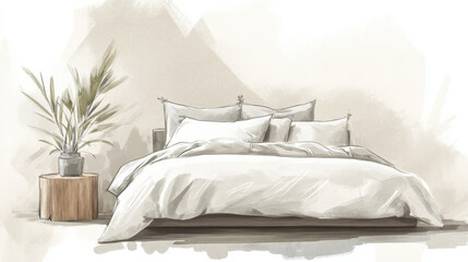 A modern, elegant bedroom featuring a sleek upholstered bed in a muted taupe shade, layered with crisp white and gray bedding