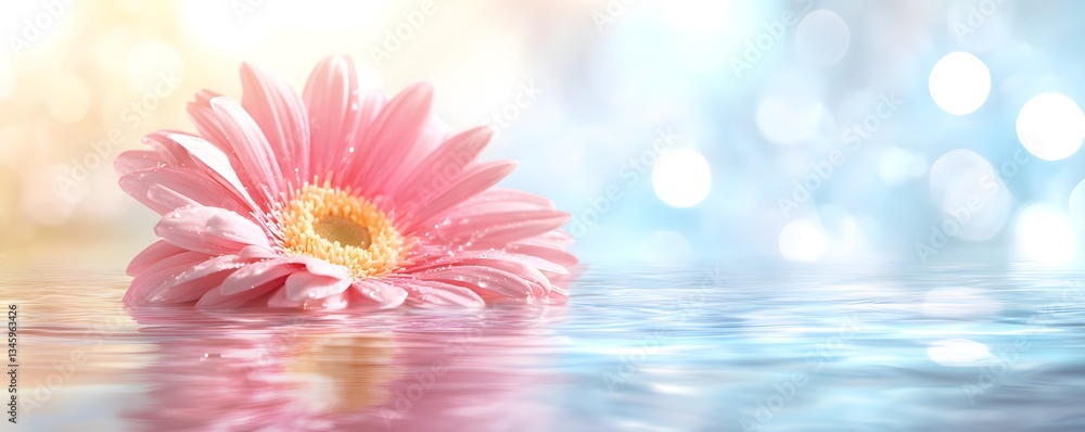 Poster pink gerbera flower floating on water with sparkling background