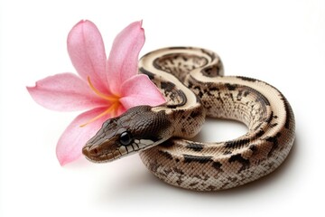 Obraz premium A snake holds a flower in its mouth, depicting a unique and intriguing scene