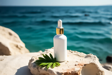 Vibrant yellow serum bottle positioned on a stack of ice, creating a contrast with a solid blue background. The minimalist design highlights the product's features.