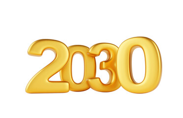 2030 Happy New Year golden number design on white background 3d render. Elegant gold metal font typography for poster, banner, calendar, greeting card and Christmas celebration 2030