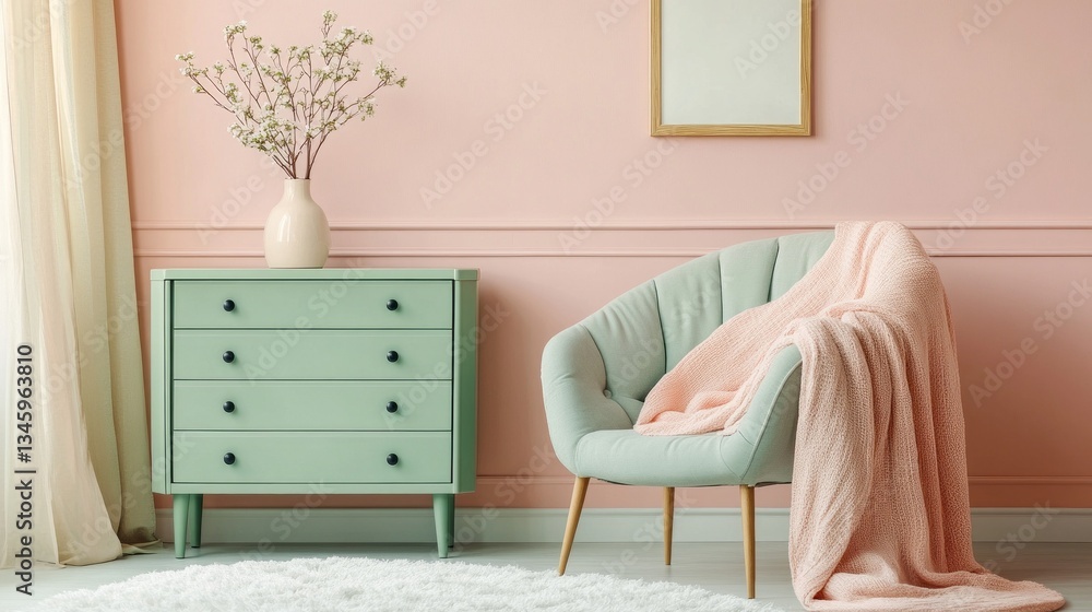 Poster a delightful sitting area features a soft green chair draped with a warm blanket, complemented by a 