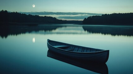 Obraz premium A small wooden boat floats serenely on a calm lake at dusk