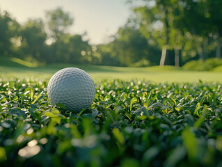 Professional golf ball on wooden tee surrounded by lush green course in morning light