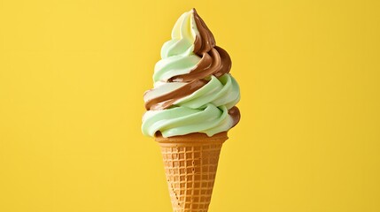 79. A soft serve cone swirled with mint and chocolate ice cream against a pastel yellow backdrop