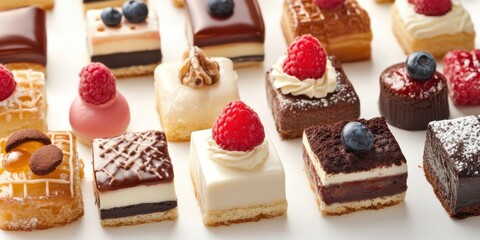 Sweet Sensations: A delectable assortment of miniature cakes and pastries, meticulously crafted with an array of fresh fruit toppings and elegant decorations, arranged on display.