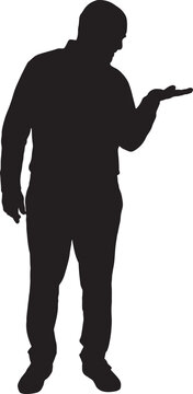 Vector silhouette of a man showing and looking at an imaginary object in his hand