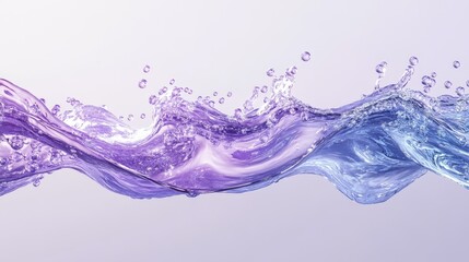 3D abstract background featuring wavy violet and blue liquid shapes, glossy waves, bubbles, and metallic texture, creating a fluid and modern design suitable for creative or technology themes.