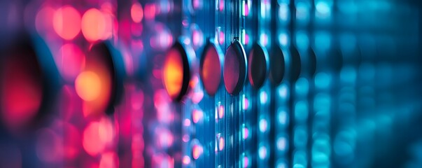 Server room equipment blinking with colorful bokeh effect showing data transfer and processing