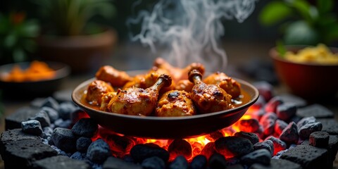 A sizzling plate of chicken drumsticks, perfectly cooked in a smoky, spicy sauce