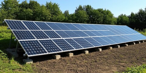 A large solar panel installed in the middle of a green field, with the sun shining down