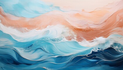 abstract seascape painting with blue and peach tones