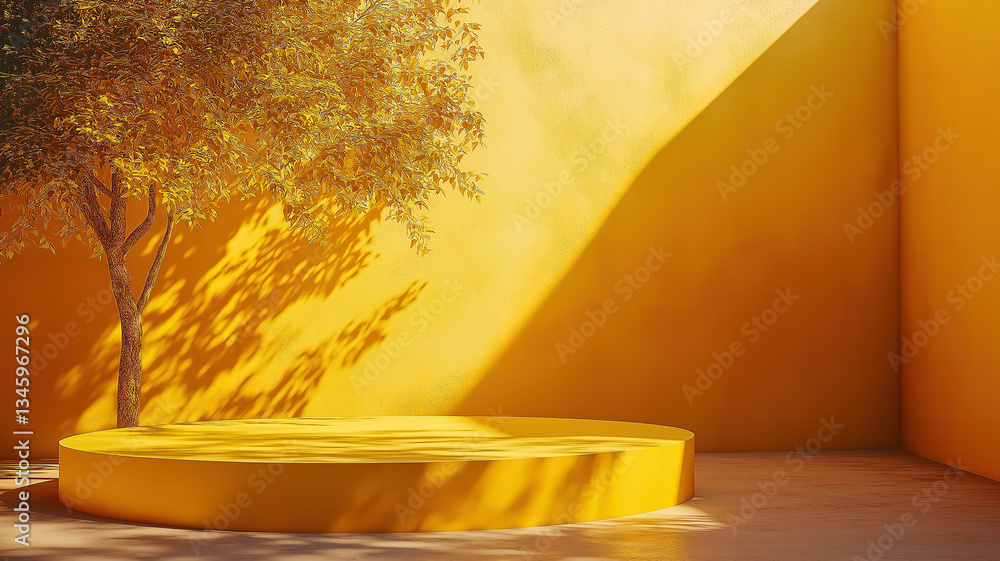 Poster minimalist abstract scene with yellow podium and tree shadow set against a matching yellow backgroun