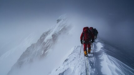 A mountain in the fog, a photograph of an extreme snowstorm at the top of Mount Everest.