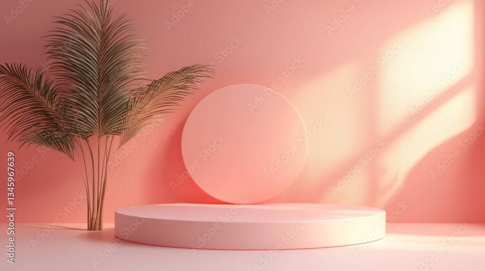 Aufkleber Soft pink hues envelop a minimalist space where a circular platform stands against a wall. A palm leaf casts gentle shadows, creating a serene atmosphere perfect for artistic expression