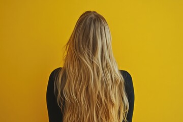 Naklejka premium A woman with long blonde hair standing in front of a yellow wall, possibly for a photo shoot or as a model