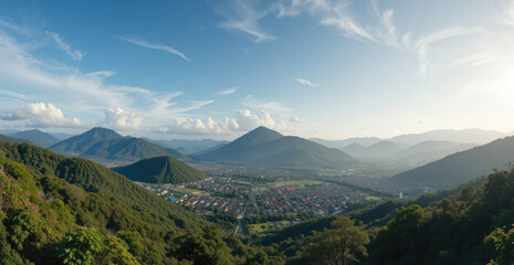 Obraz premium Scenic Valley View with Mountains and Village in Japan Landscape