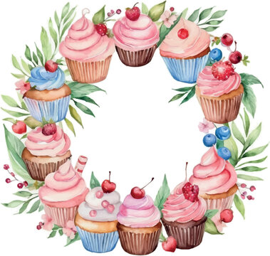 Watercolor Wreath made of Cupcakes, Sweets, Leaves and Berries. Vector Bakery Illustration. 