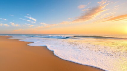 A serene beach scene at sunset with gentle waves lapping against the shore under a colorful sky.