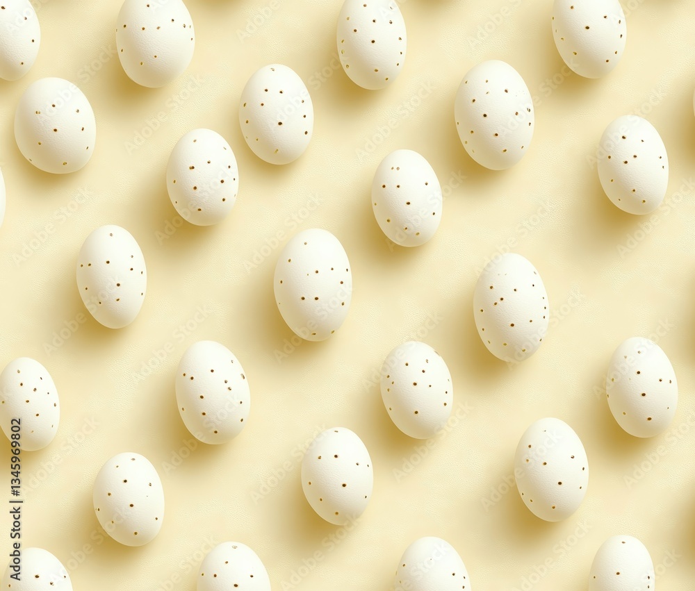 Poster seamless pattern of white eggs with subtle speckles on a soft yellow background ideal for spring and