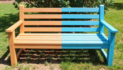 Transformed outdoor wooden bench in vibrant colors, repair concept