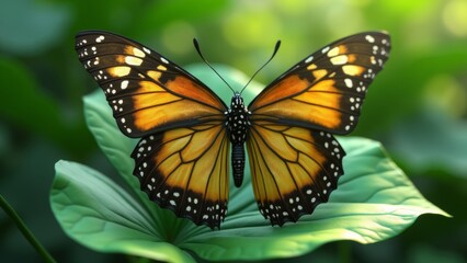 Fototapeta premium A vibrant orange butterfly with black and white markings rests on a leaf